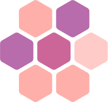 Cluster of coral and purple hexagons showing how people work together now