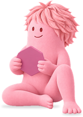 Pink Emplify character sitting and holding a hexagon