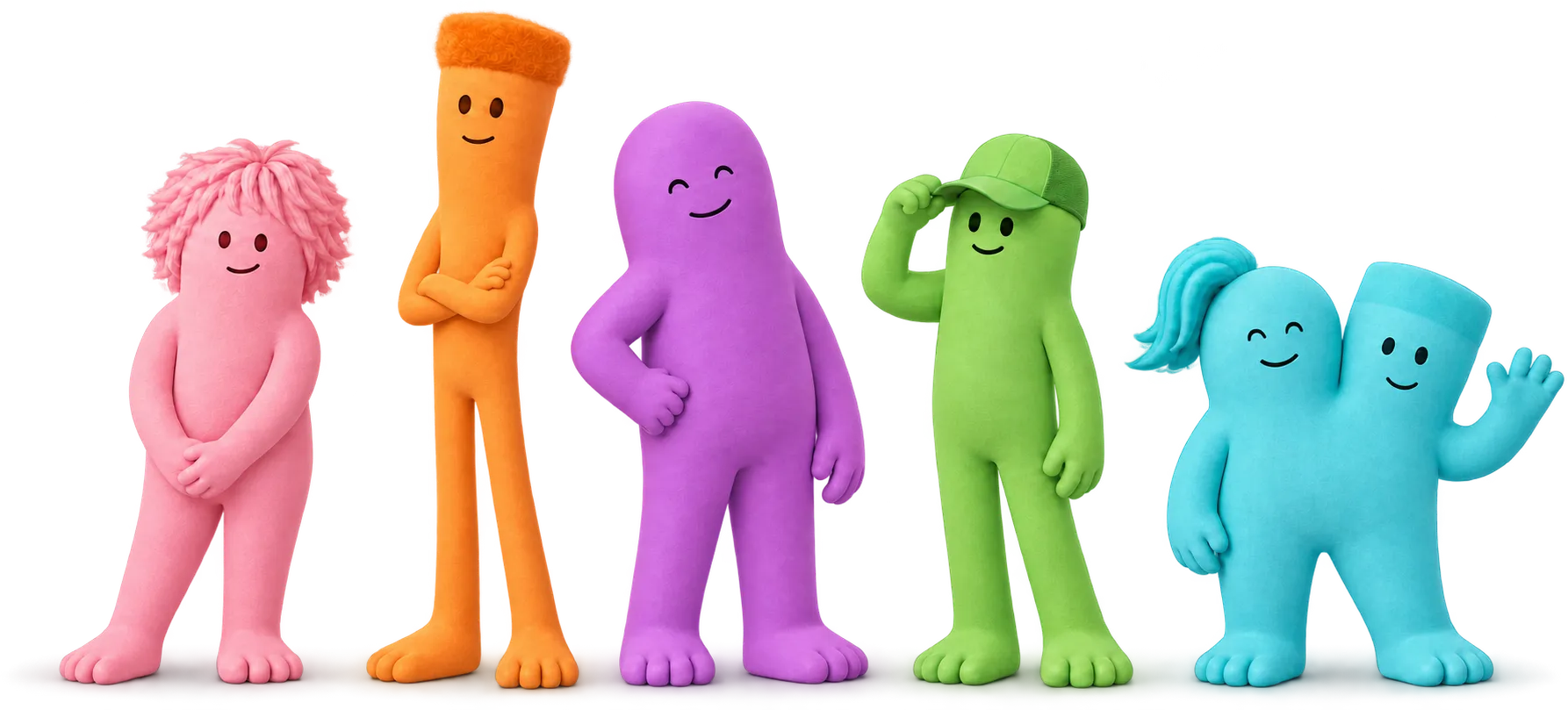 Five Emplify characters standing in a row, one for each human capability: Empathy, Focus, Motivation, Magic and Synergy
