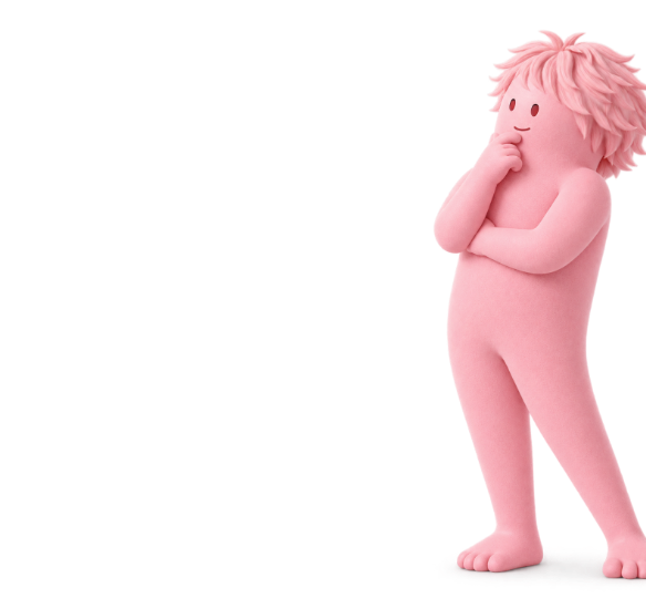 Hexagon diagram linking strategy, technology, finance, performance and individual development to how people work together, beside a thoughtful Emplify character