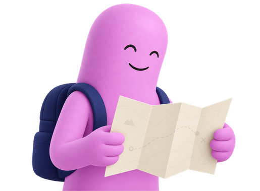 A purple character with a backpack reading a map