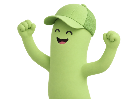 A green character in a cap cheering with both arms raised