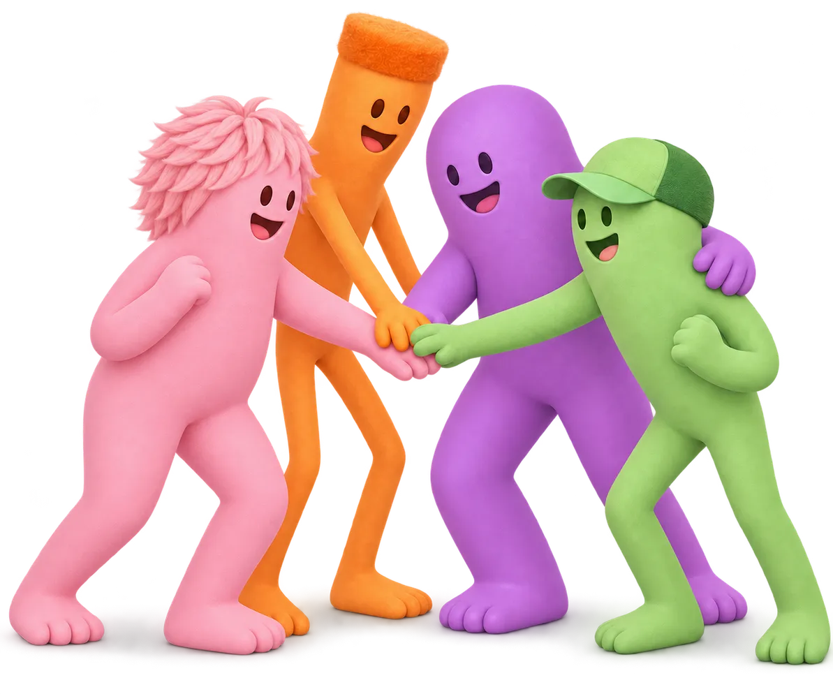 Four colourful characters with their arms around each other, stacking their hands together as a team