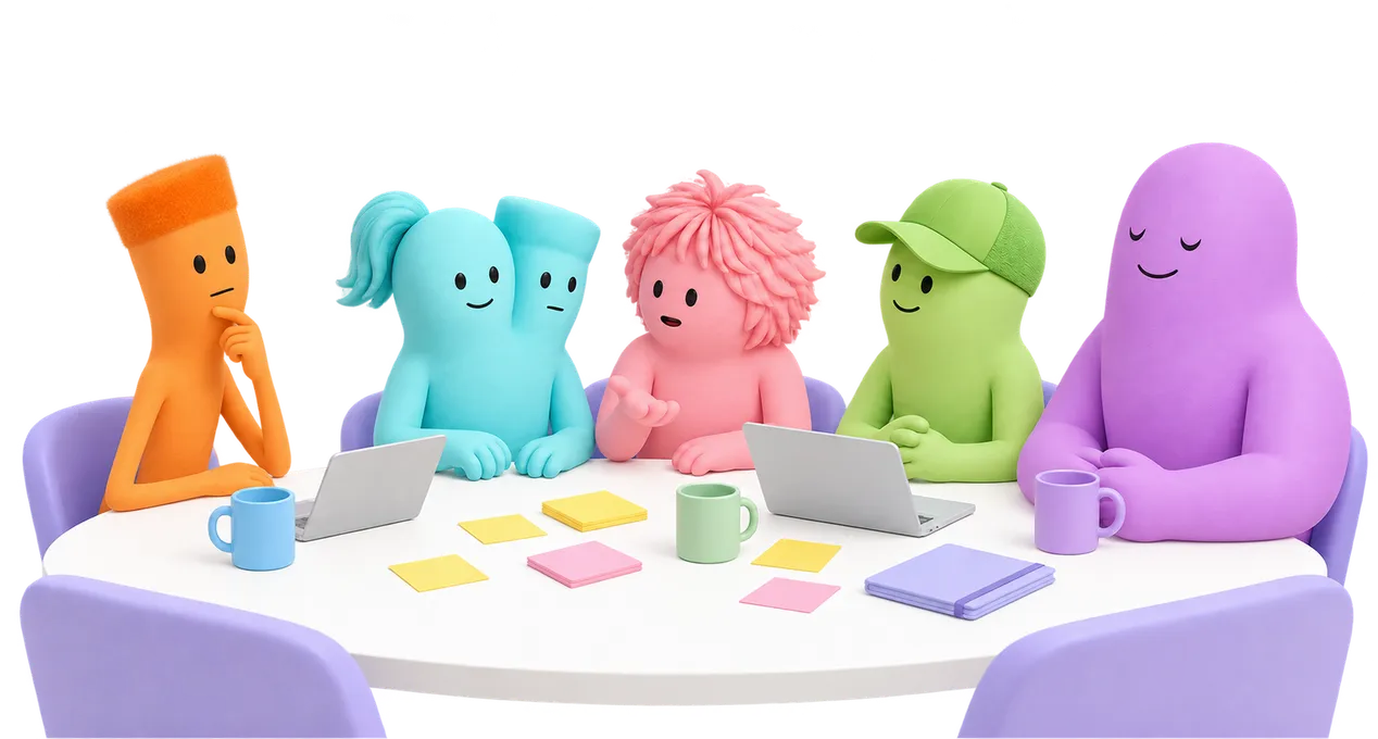 Five colourful Emplify characters planning together around a table with laptops, mugs and sticky notes
