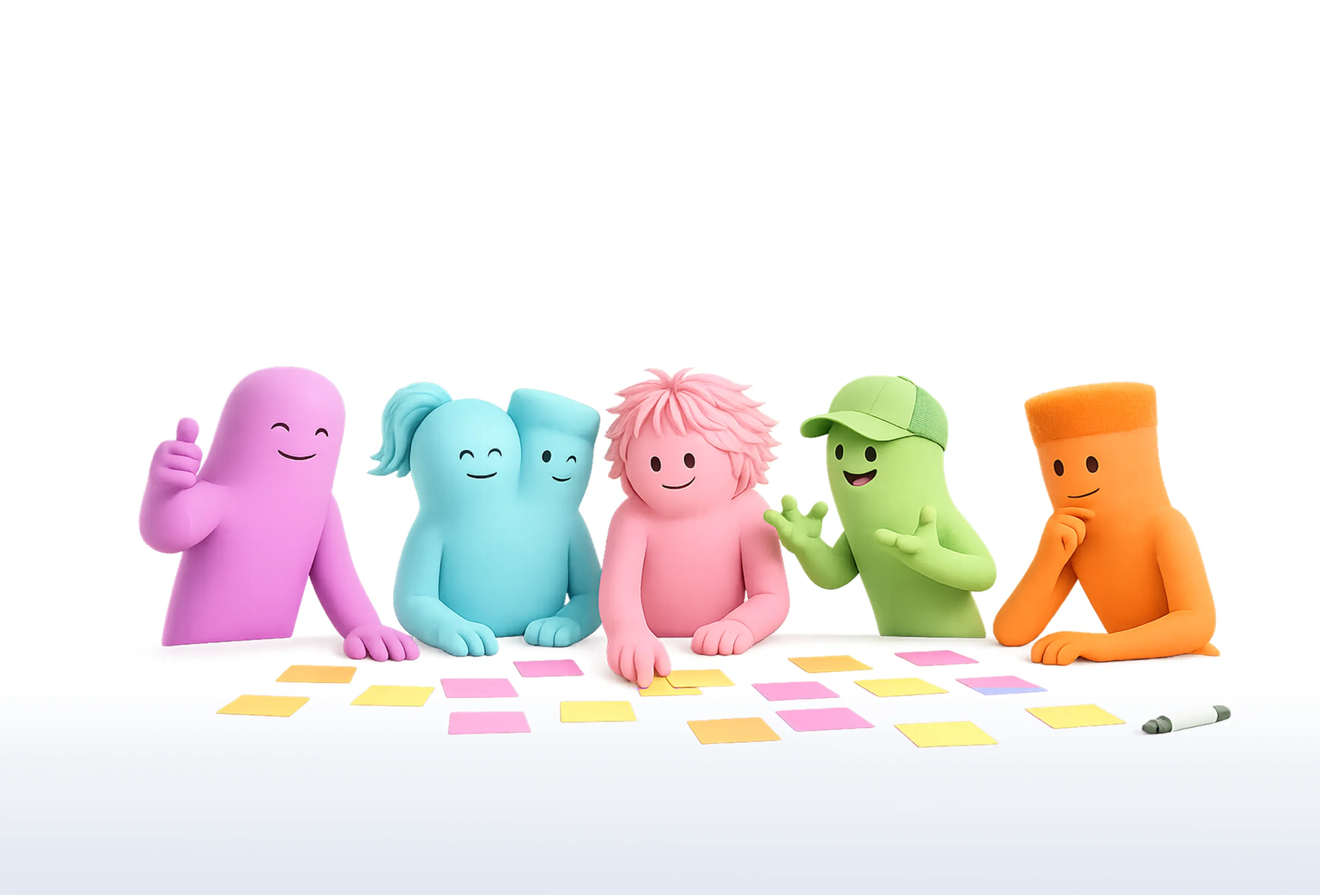 A team of colourful characters working together around sticky notes, fading into the background