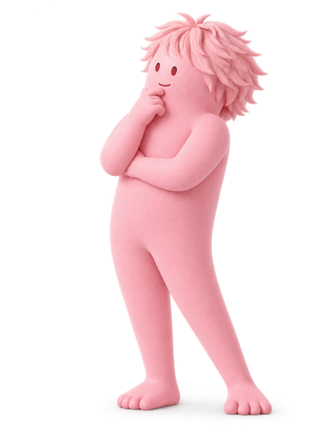 Thoughtful pink Emplify character with a hand on its chin
