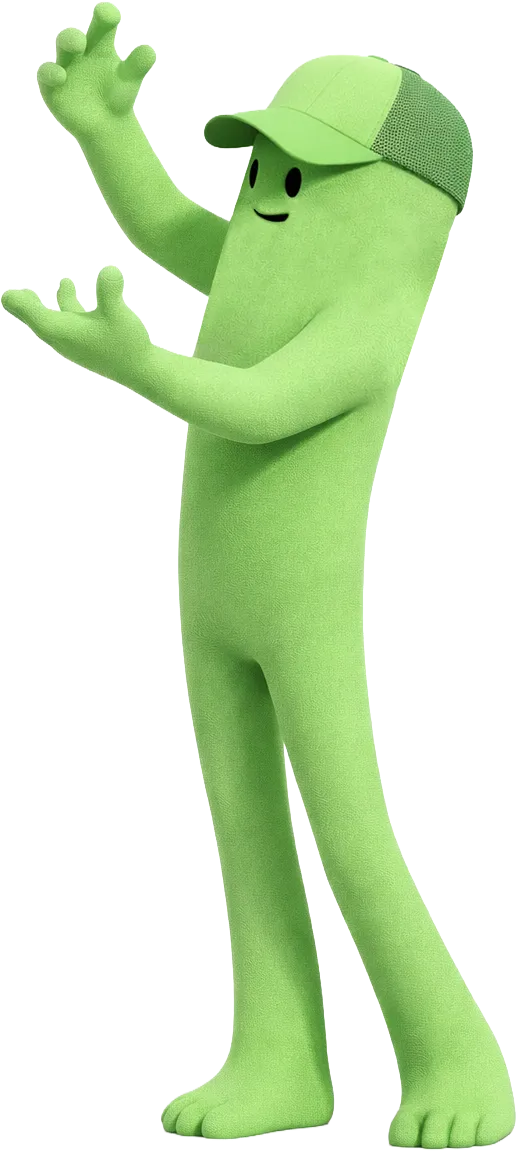 Green Emplify character in a cap, gesturing towards the habit card