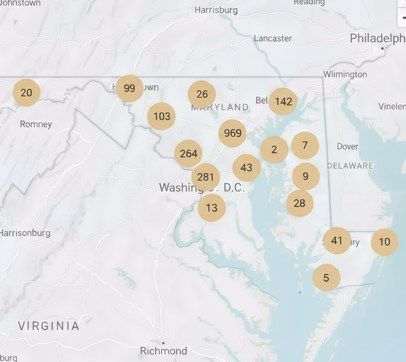 Coverage map showing Maryland community-solar projects reaching Baltimore, D.C. suburbs and Delmarva Power territory—ideal for commercial property owners exploring BGE, Pepco or Potomac Edison community-solar leasing and the state’s 5 MW PSC program.