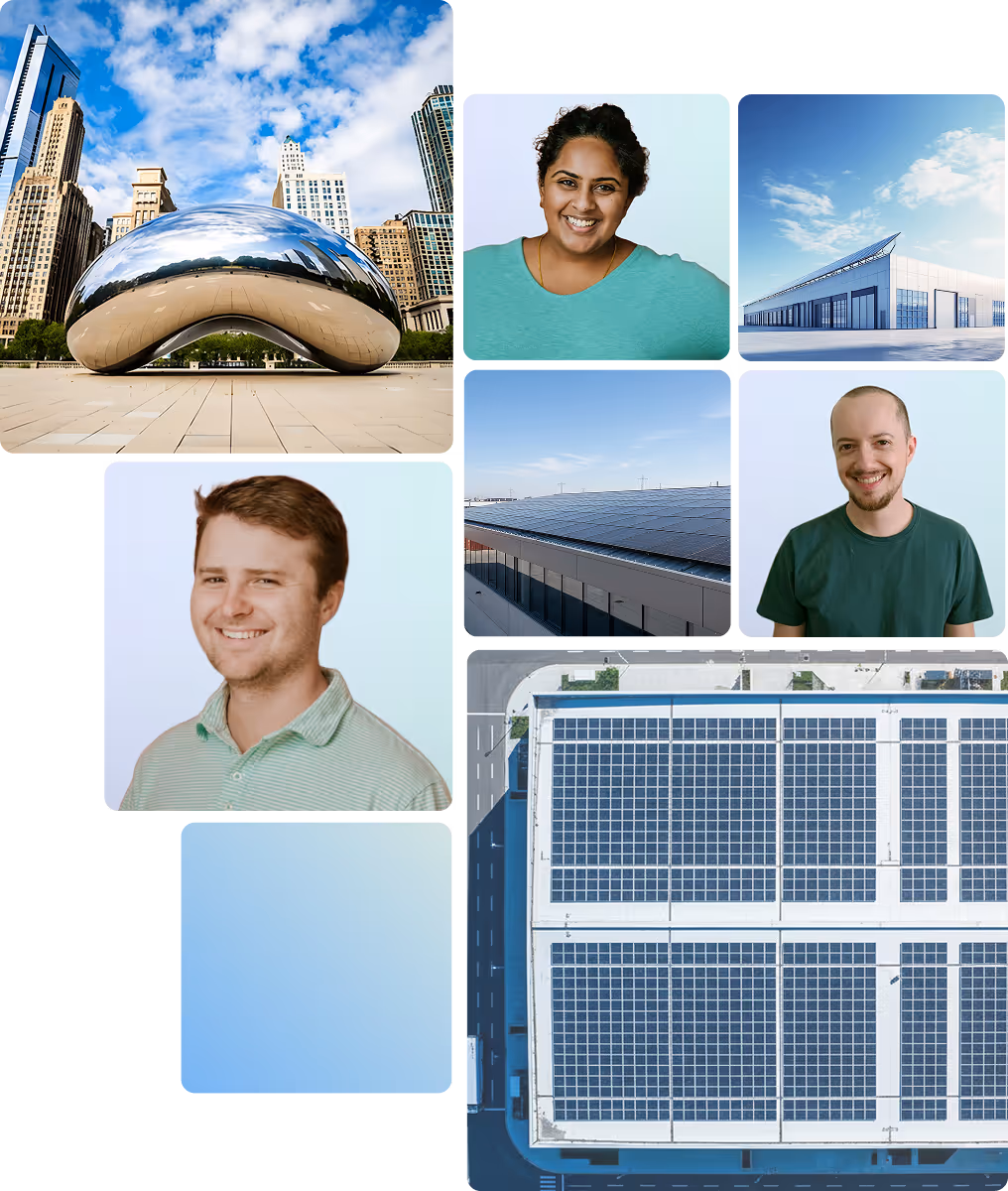 Sunlit warehouse rooftop in suburban Chicago blanketed with a new Illinois Shines-approved community-solar array feeding clean power into the ComEd grid for local subscribers.
