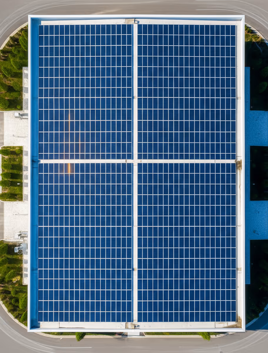 Aerial view of a 2-MW Illinois CRE installation atop an Ameren-served distribution center, financed through CEJA solar incentives and participating in the Illinois REC market.