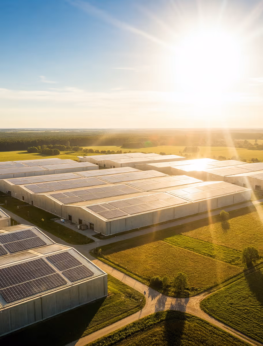 Wide-angle shot of a Chicago warehouse roof covered with Illinois Shines-certified community-solar panels, leased through the state’s commercial rooftop program and feeding subscribers via ComEd net-metering credits.
