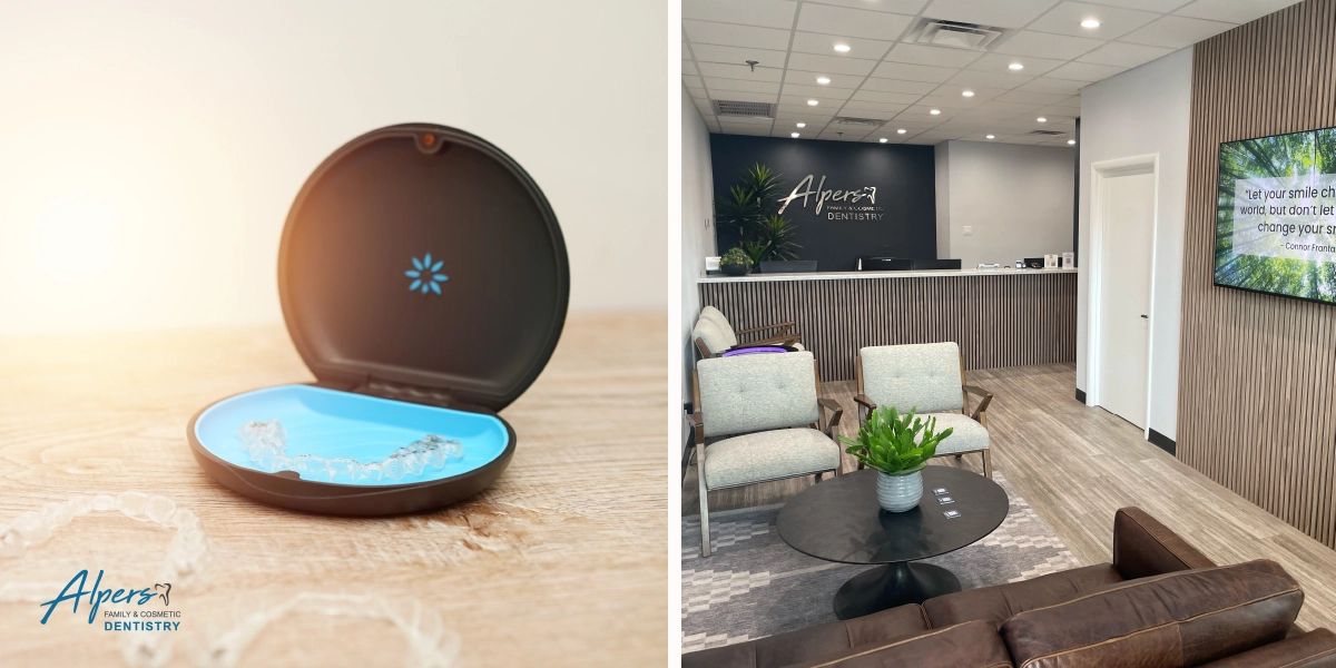Image of Invisalign tray and interior lobby at the dental office, Alpers Dentistry, located near central Scottsdale, AZ.