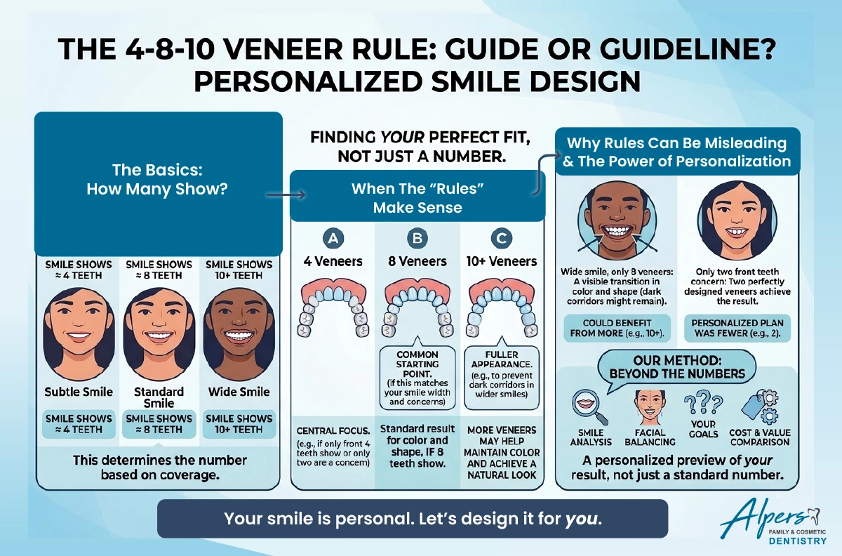 Infographic explaining the 4-8-10 veneer rule showing how many teeth are visible in different smiles and when 4, 8, or 10 veneers may be recommended.