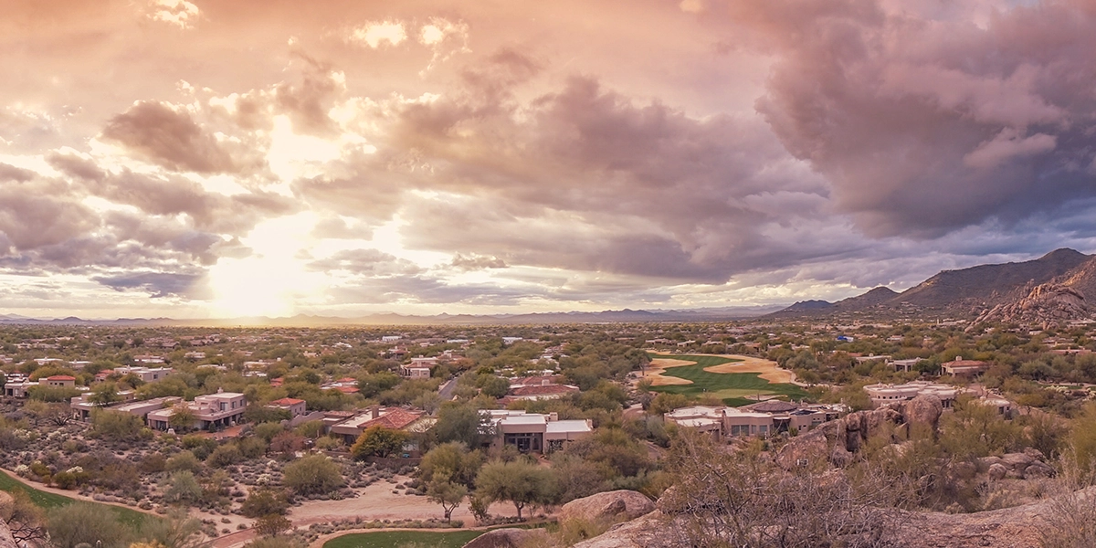 Panorama desert landscape view of North Scottsdale, as well as Carefree, Cave Creek, and the Boulders area in Arizona.