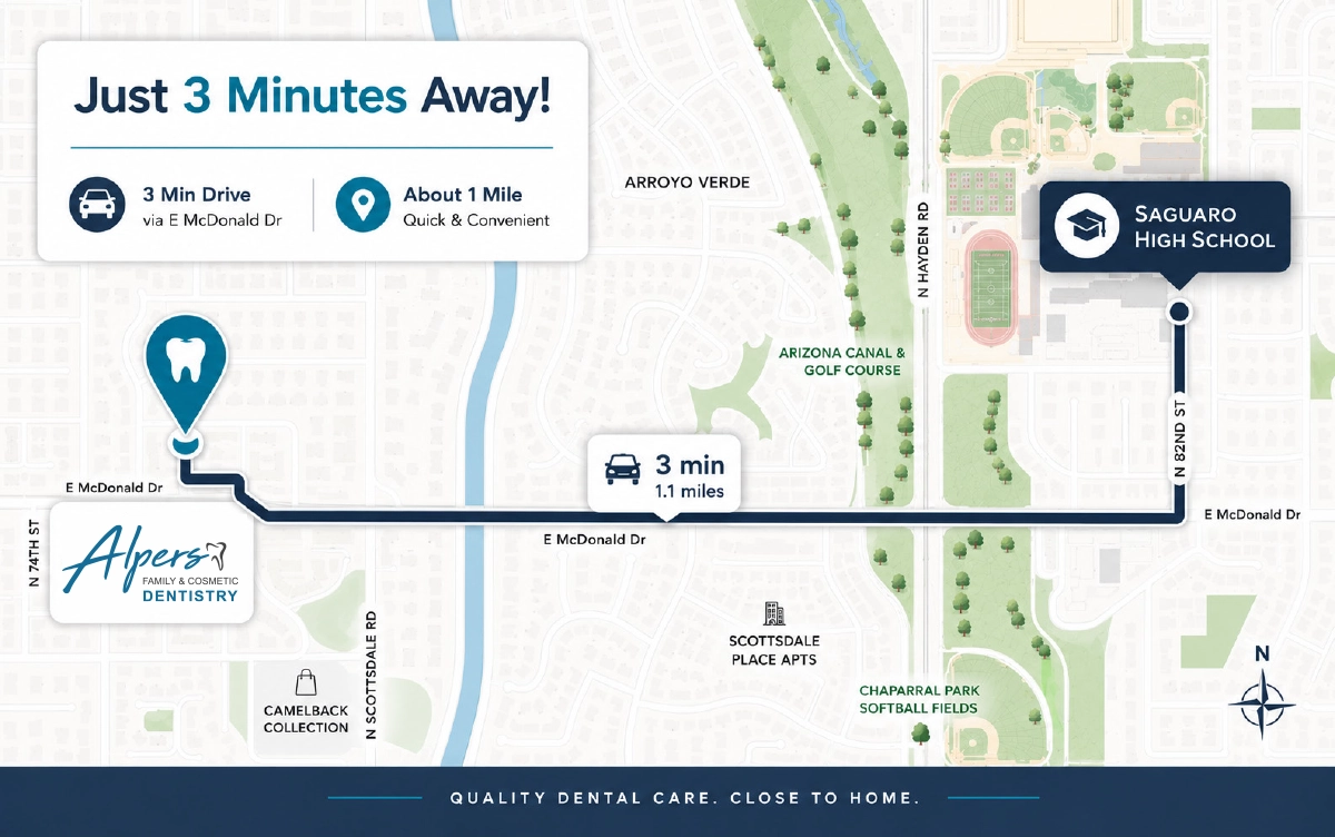 Map showing the three-minute driving route from Saguaro High School to Alpers Family and Cosmetic Dentistry in Scottsdale, Arizona