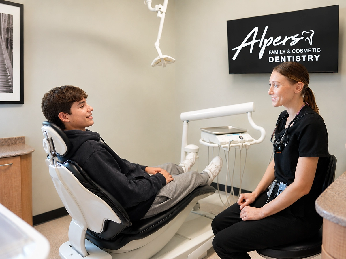 Dental hygienist talking with a teenage patient before a routine dental cleaning at Alpers Family and Cosmetic Dentistry in Scottsdale