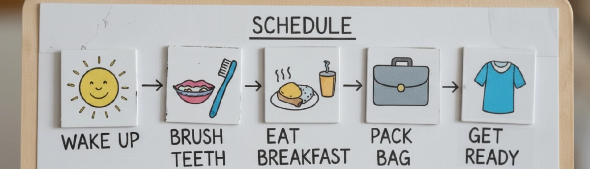 Visual morning routine showing wake up, brush teeth, eat breakfast, pack a bag, and get ready, illustrating that brushing before breakfast can help protect your teeth from acidic foods and drinks.
