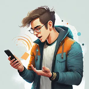 Frustrert Hans ser på mobilen sin