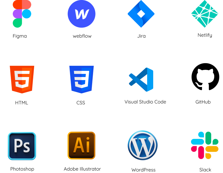 ikoner av : Figma, Webflow, Jira, Netlify, HTML, CSS, VS-Code, Git Hub, Photoshop, Adobe illustrator, WordPress, Slack. 