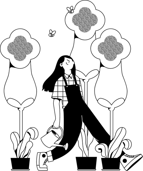 A woman diligently tending to blooming flowers with a watering can