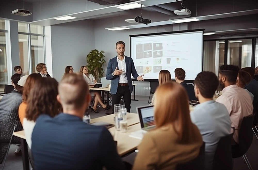 Trainer delivering a Team Leader Training course to a small group of professionals