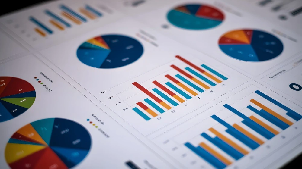 An image of various pie and column charts