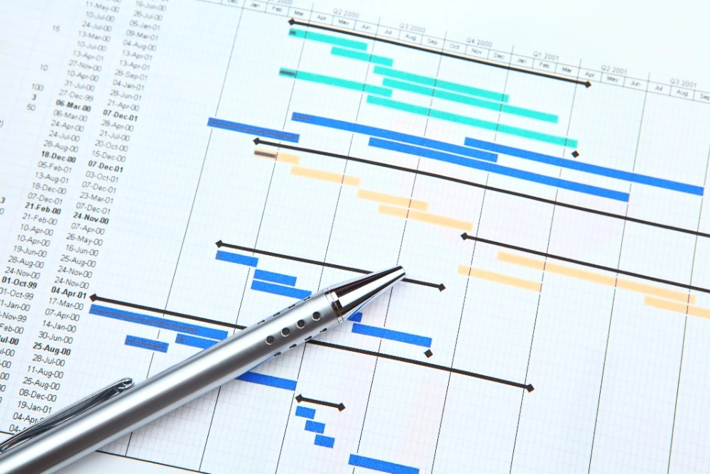 An image of a Gantt chart printed from Microsoft Project