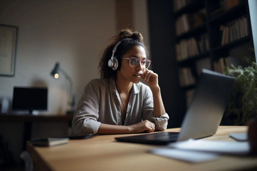A photo of a woman wearing a headset and using Microsoft Teams