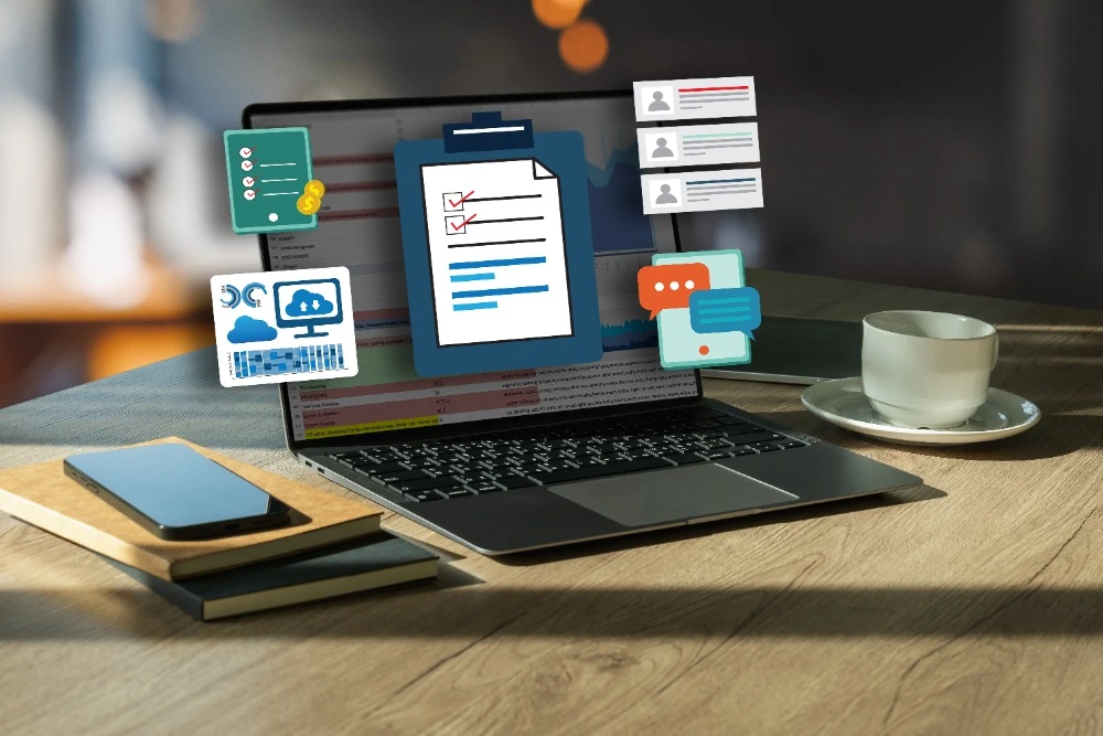 A picture of a laptop with macro related images