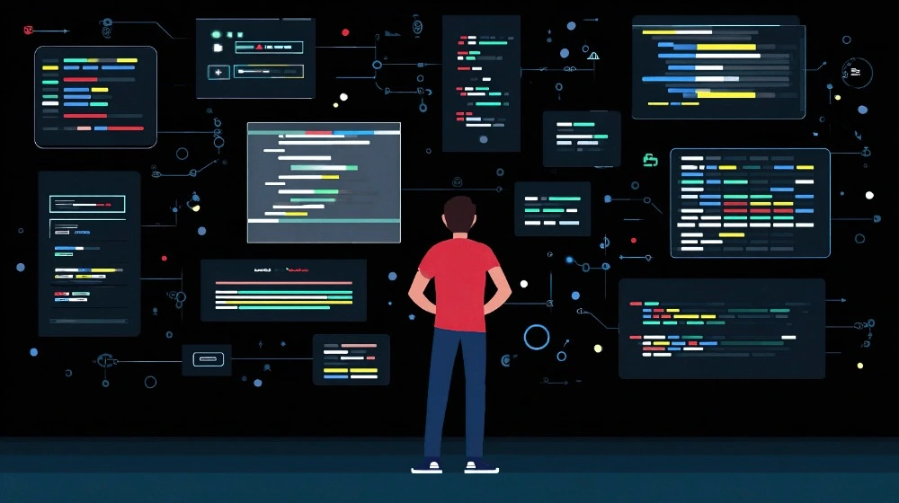 A picture of a man standing in front of multiple large screens displaying code