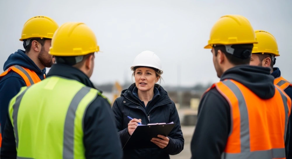 Construction team leader reviewing workplace performance and development goals with a manager