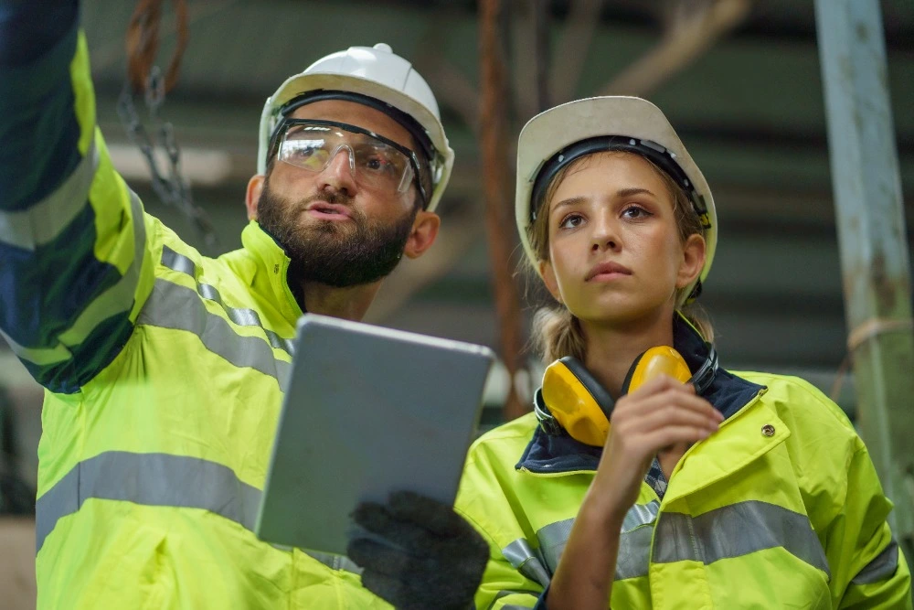 Construction site supervisor coaching a team member during a workplace training activity
