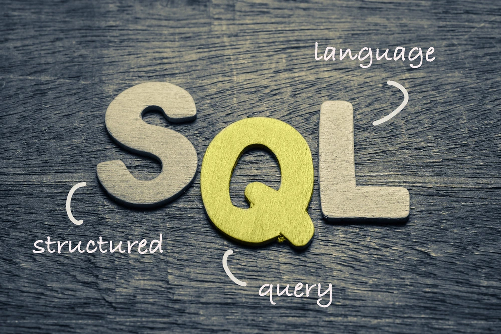 SQL database query displayed alongside relational database tables and structured data