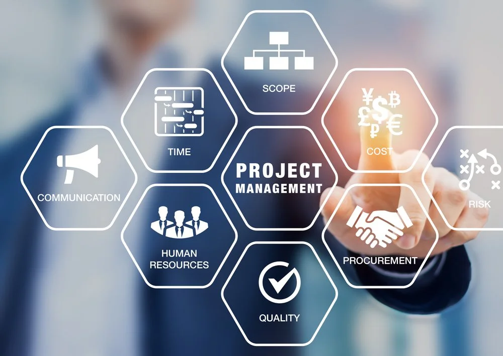 Image of man pointing to screen containing icons and words relating to Project Management