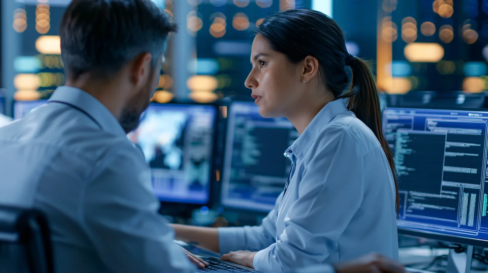 Cybersecurity analysts monitoring systems in a security operations environment