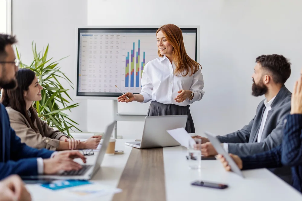 Project manager presenting a project plan to a business team
