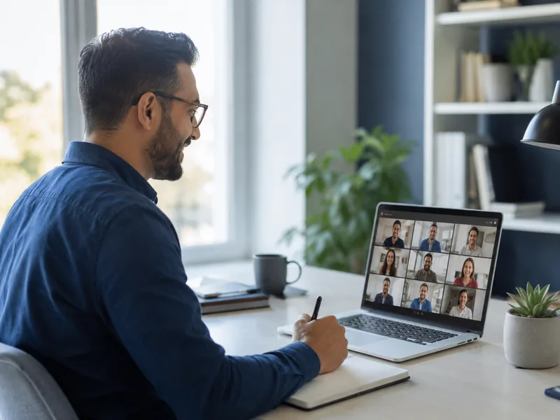 Professional taking part in live online training from a modern workspace