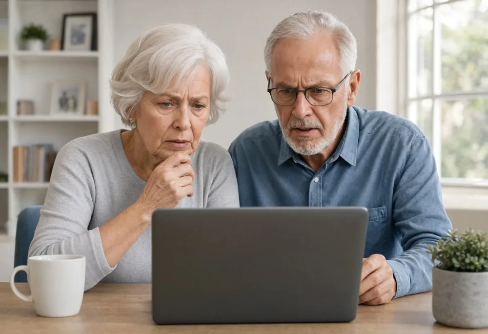 Older couple carefully reviewing information on a laptop at home