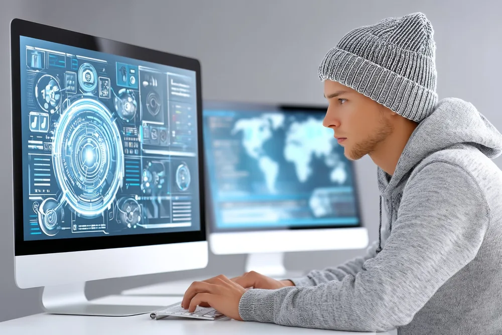 Cyber security professional working at computer screens in a technical environment