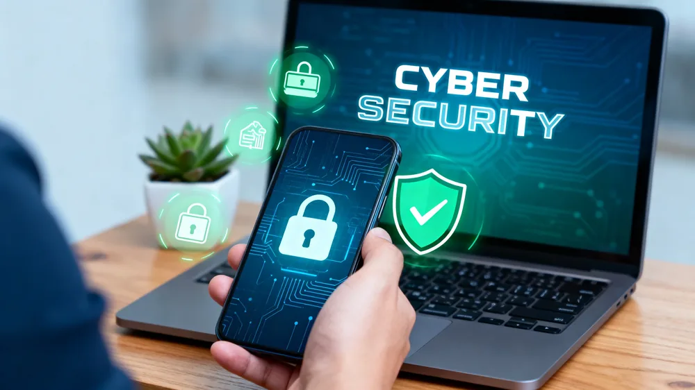 Person using a smartphone and laptop with cyber security protection symbols