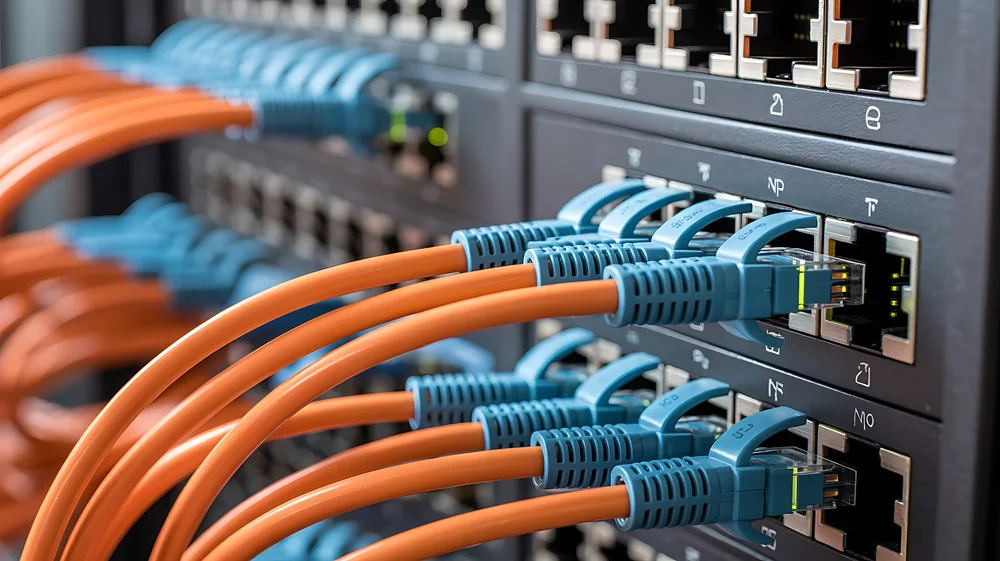 Ethernet cables connected to enterprise network switches