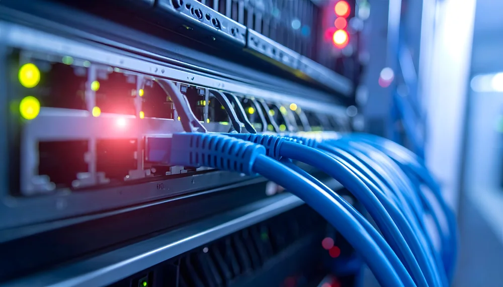 Blue Ethernet cables connected to a network switch in a server rack