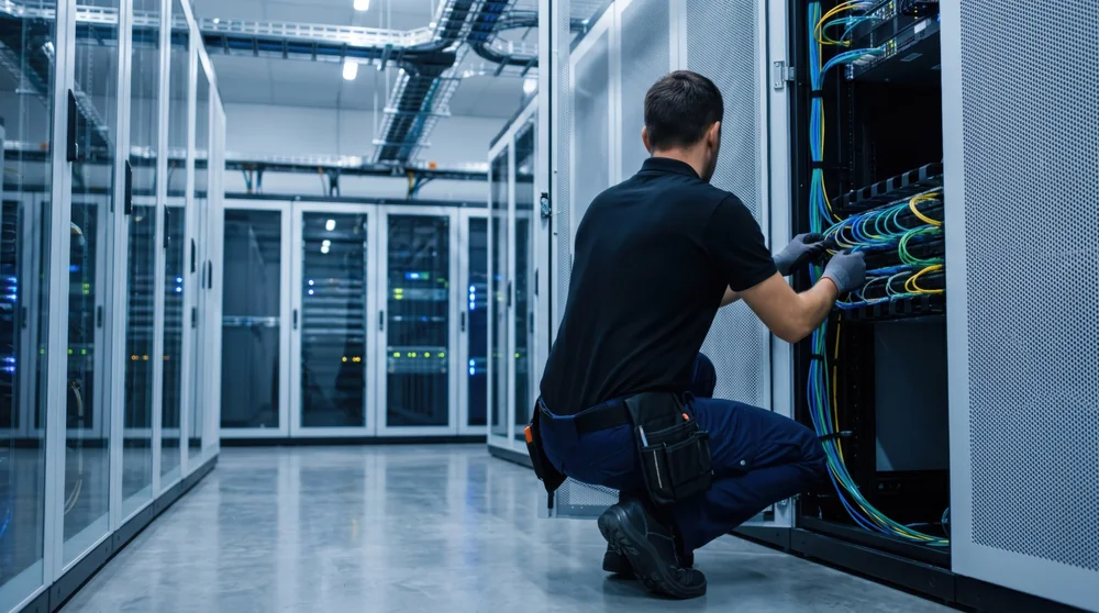 Network technician connecting Ethernet cables in a data centre rack