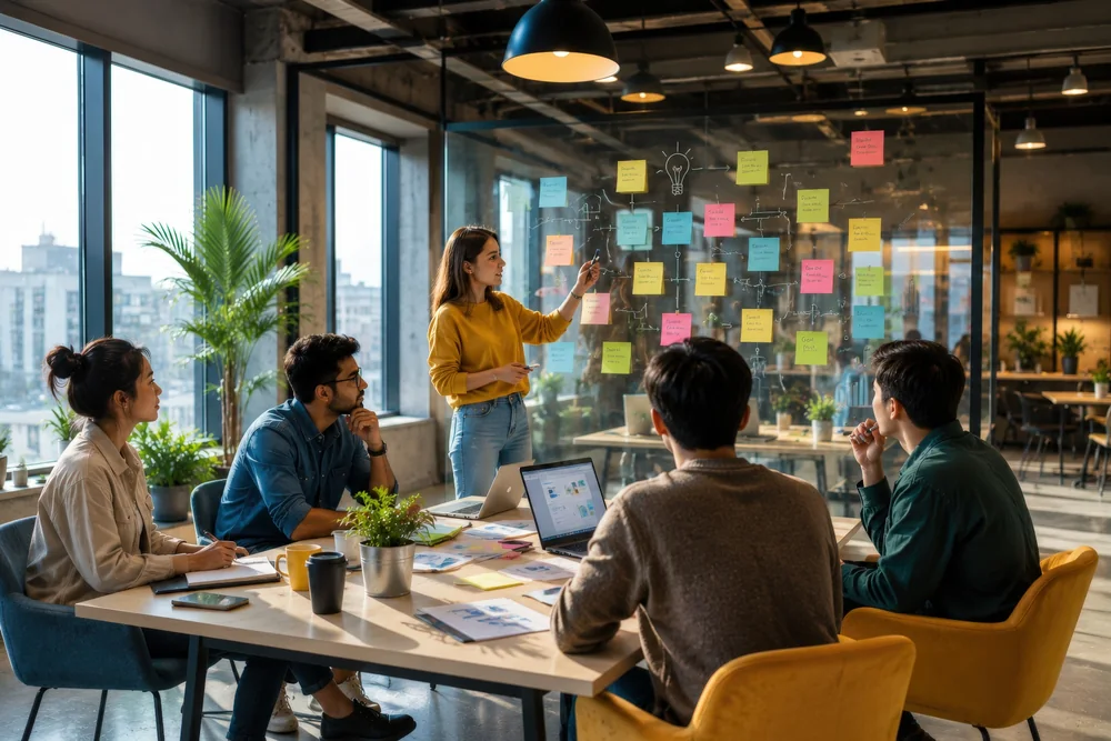 Business team discussing ideas and workflows during a collaborative AI planning session