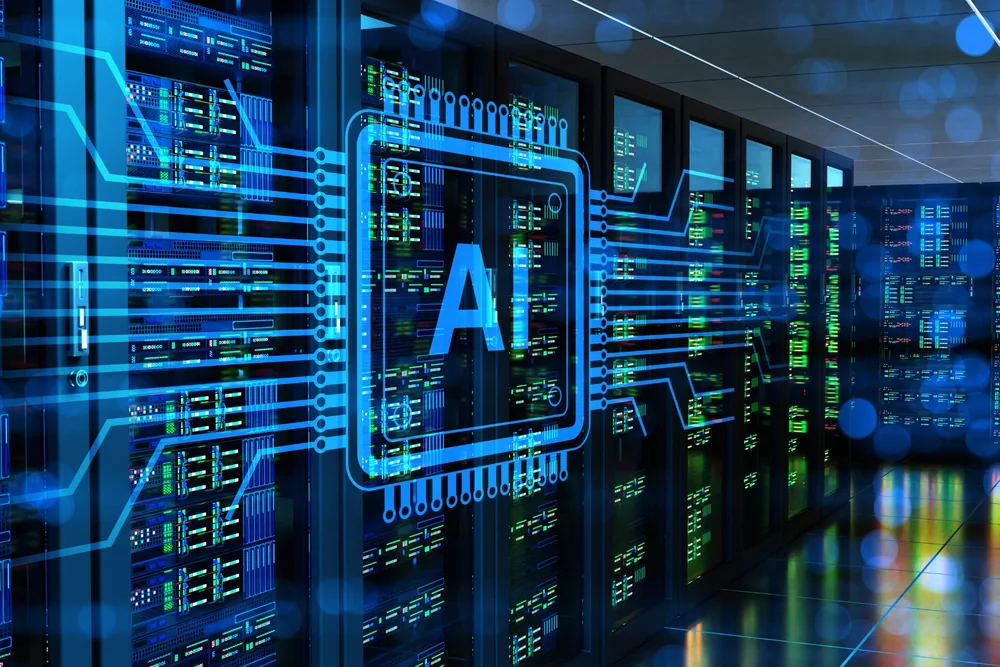 AI computing infrastructure in a modern data centre with digital artificial intelligence graphics