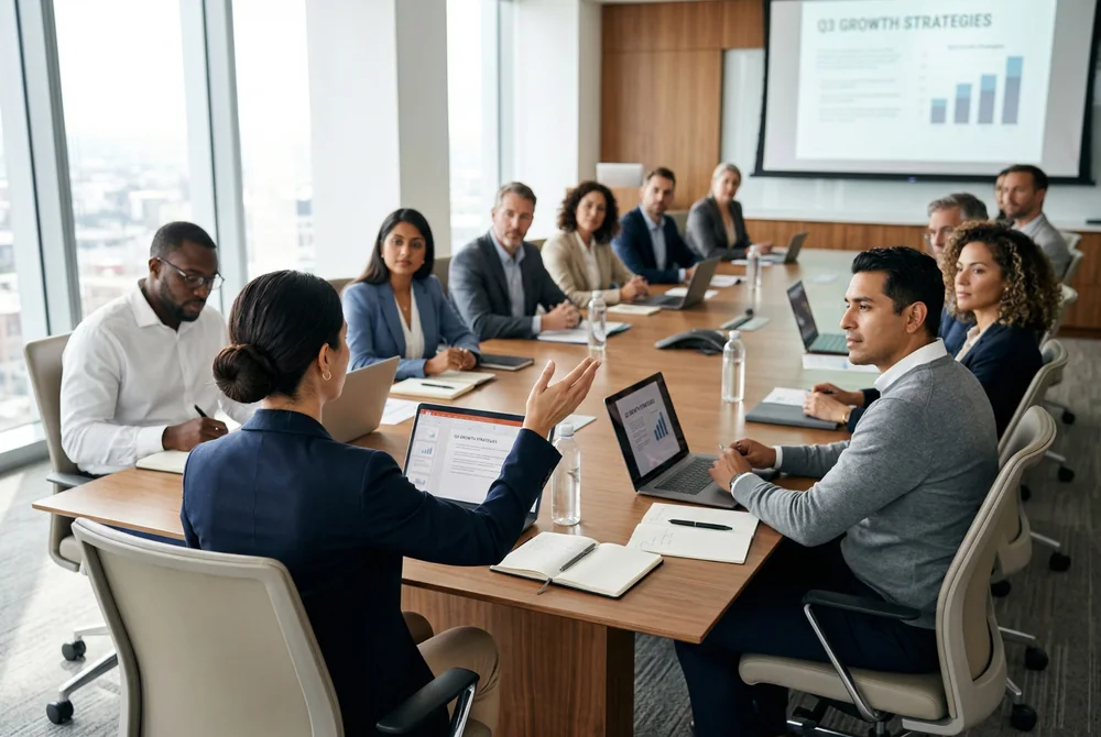 Senior business team discussing strategy and governance in a boardroom meeting