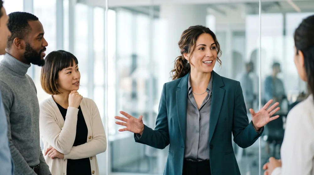 Manager speaking with colleagues during a workplace discussion