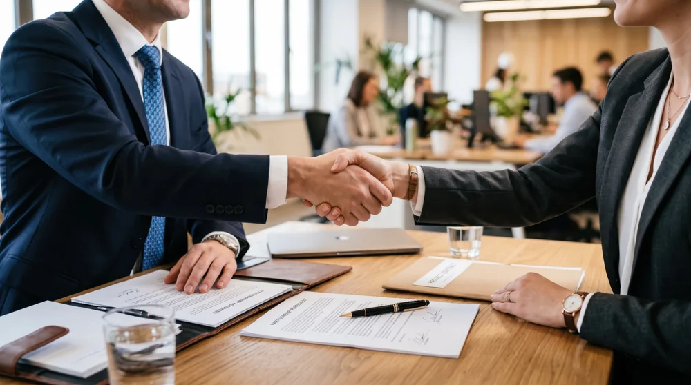 Business professionals reaching agreement during a workplace negotiation