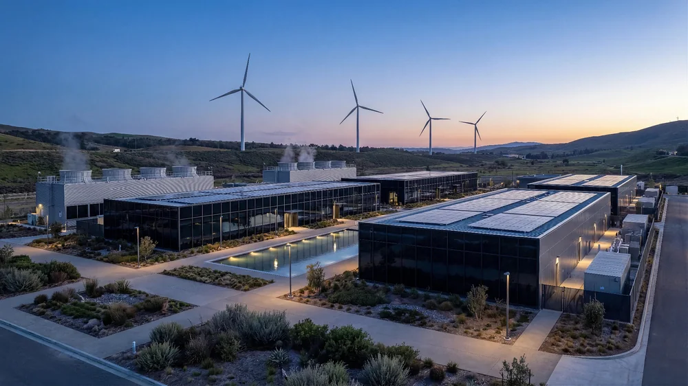 Modern sustainable data centre campus with solar panels and wind turbines