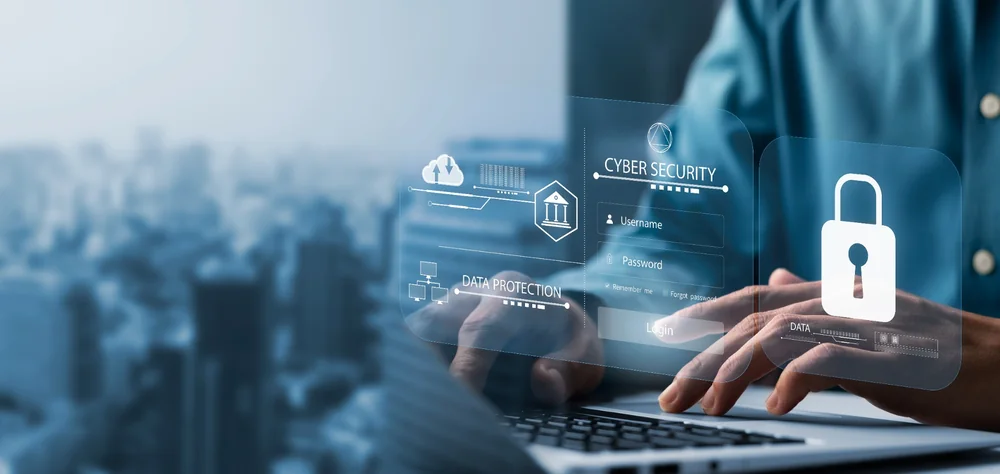 Cybersecurity and data protection concepts displayed on a laptop